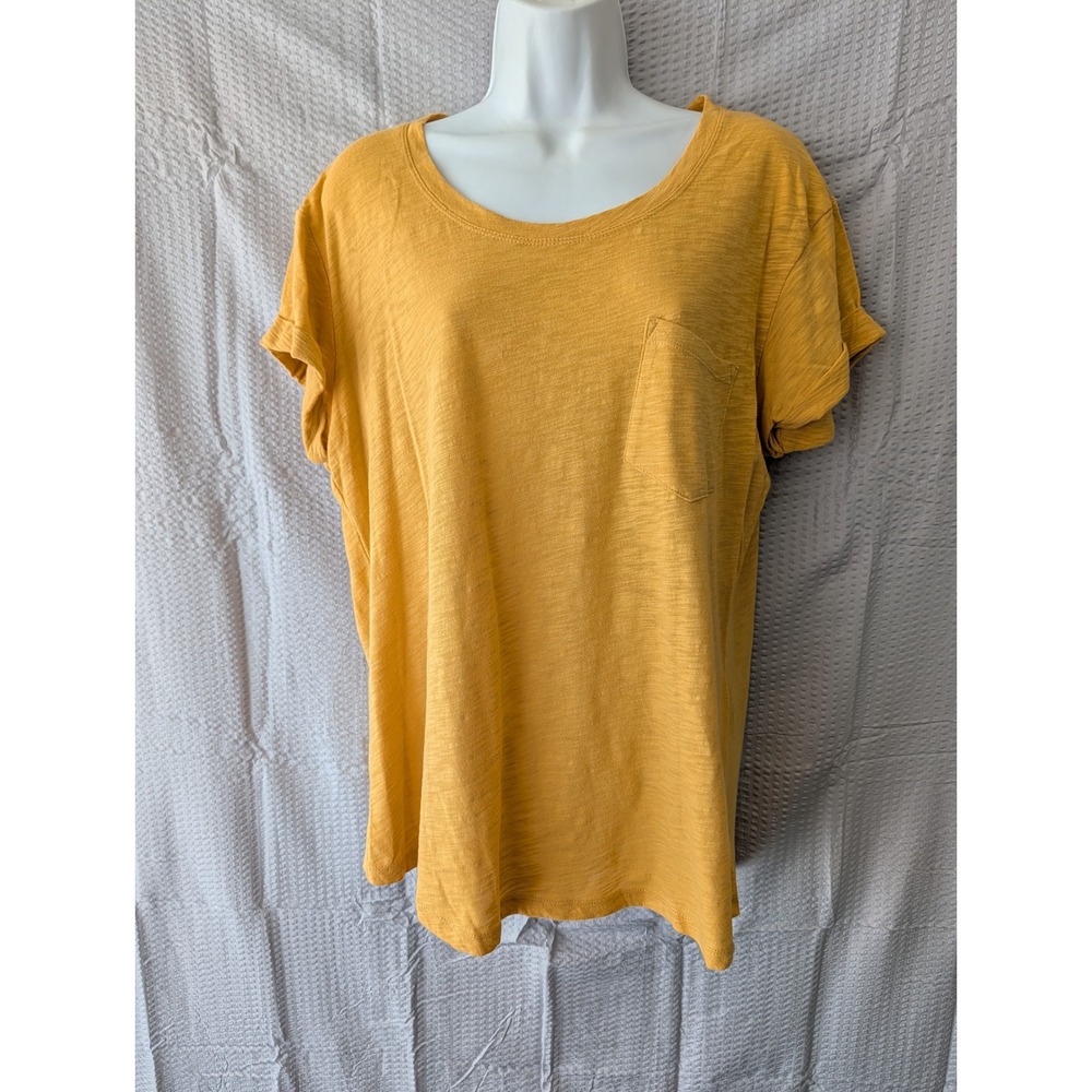 ANA A New Approach Mustard Yellow Slub Knit Pocket Tee Cuffed Sleeve Large